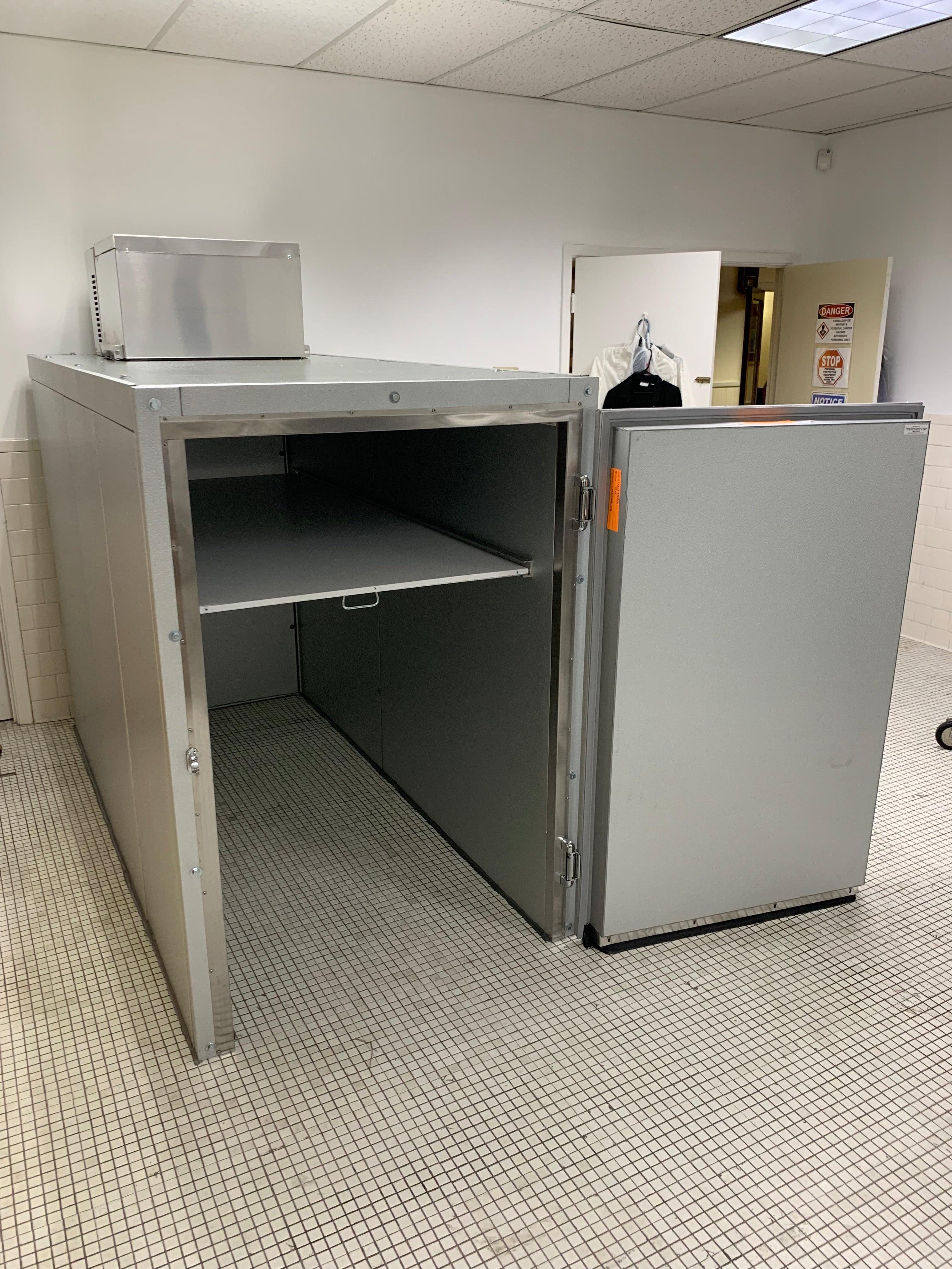 Photo of an oversized cadaver storage cooler, designed for water cremation and aquamation processes.