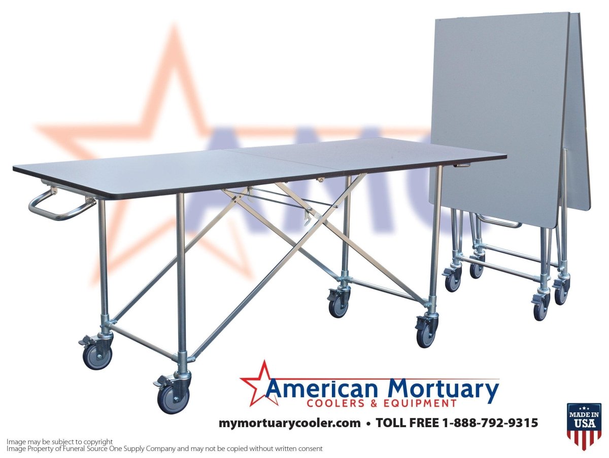 Oversized folding dressing table designed for professional mortuary and funeral home preparation rooms